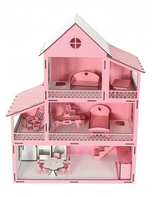  - Ahşap Barbie Ev, Pembe 3 Katlı Oyuncak Ev - KEV10T