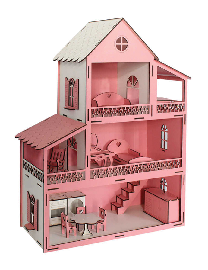 Ahşap Barbie Ev, Pembe 3 Katlı Oyuncak Ev KEV10T MAKET OBJELER