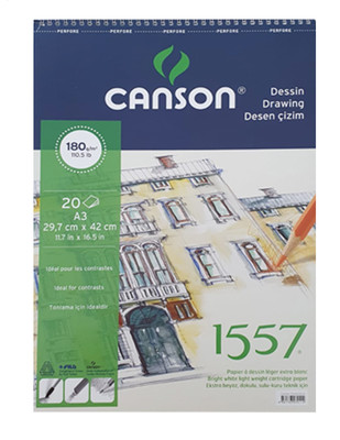 CANSON - Canson 1557 Dokulu Sulu ve Kuru Teknik için Çizim Defteri - A3 180 gr 20 Yaprak