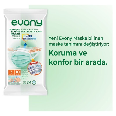  - Evony Yumuşak Elasti̇k Kulaklı Cerrahi Maske - 10 Adet (1)