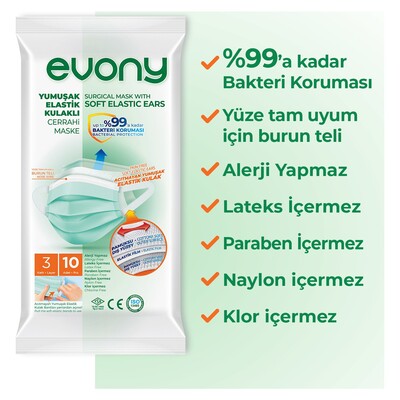  - Evony Yumuşak Elasti̇k Kulaklı Cerrahi Maske - 10 Adet