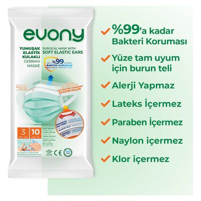 Evony Yumuşak Elasti̇k Kulaklı Cerrahi Maske - 10 Adet